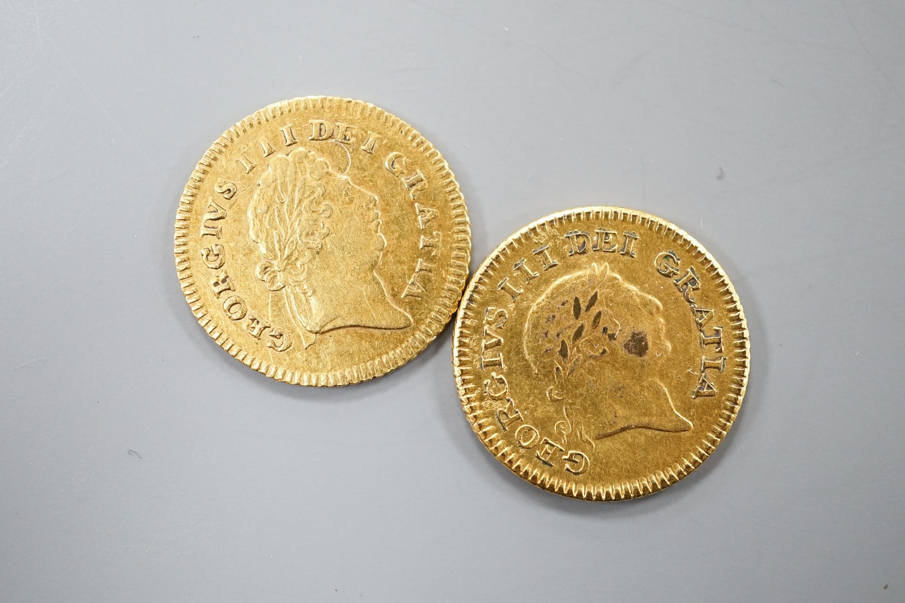 Two George gold third guinea coins, 1801 & 1804.